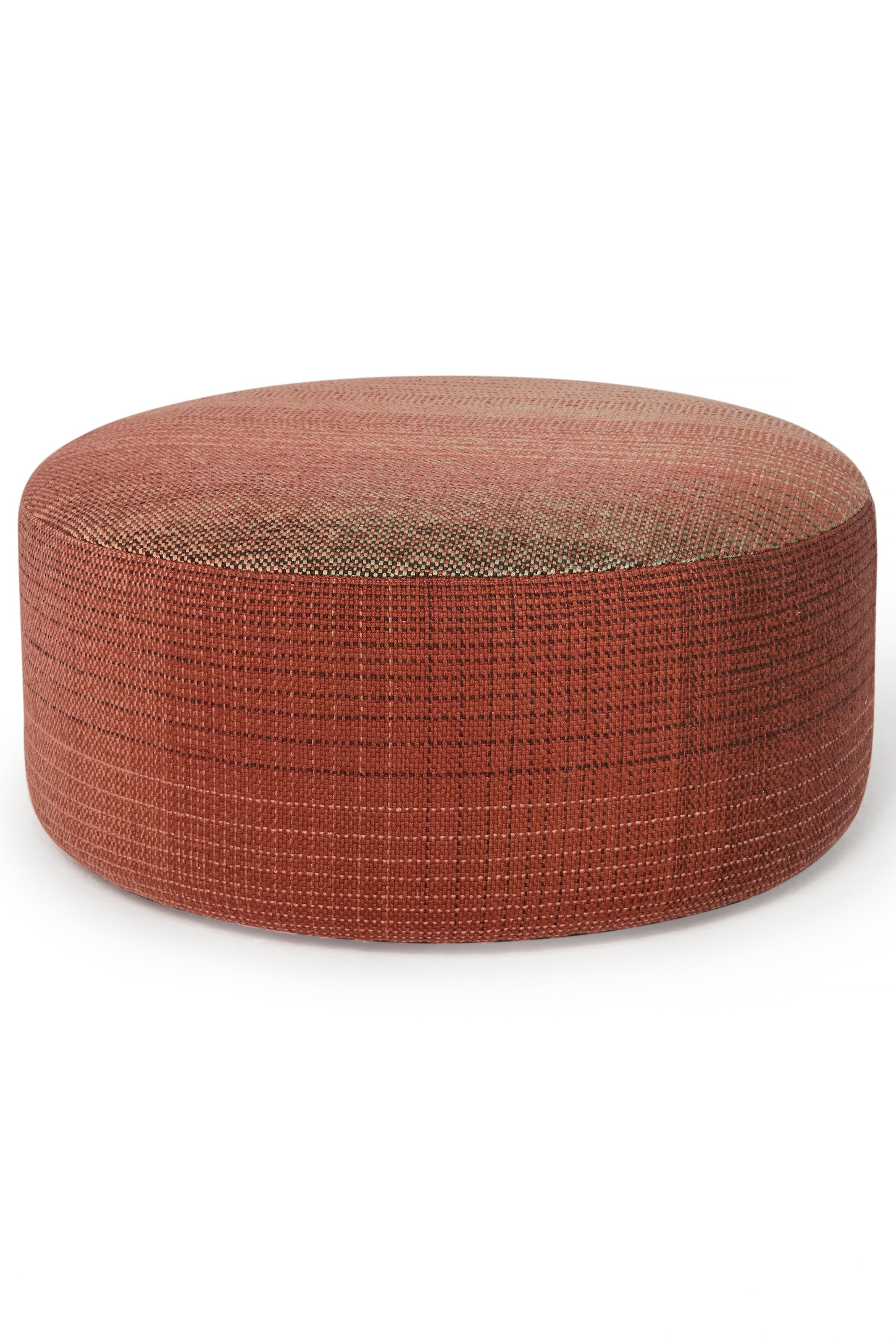 a single round ottoman with a reddish-brown fabric